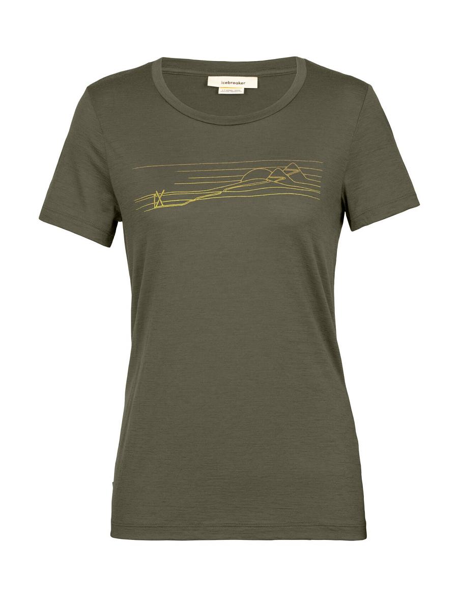 T Shirts Icebreaker Merino Tech Lite II Corta Sleeve Ski Stripes Femme Vert Olive | FR 1592PJJQ